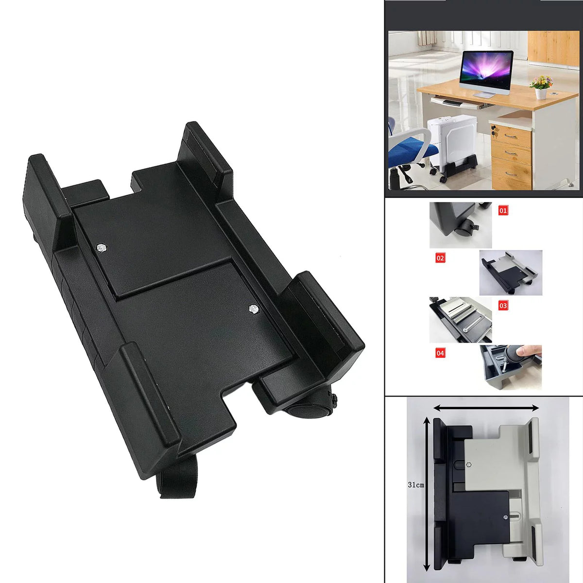 CPU Holder Mobile Computer Stand ,Rolls Premium Fits Most Computer Cases , Felts Pads on Clamps Black