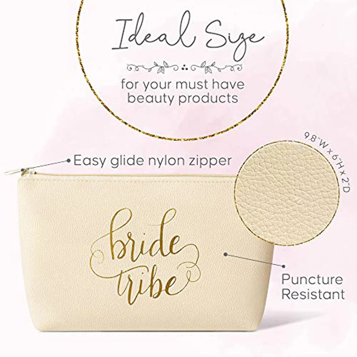 11 Piece Set of Cream Beige Faux Leather Bride and Bridal Party Leather Makeup Bags Bachelorette Parties, Weddings, and Bridal Showers