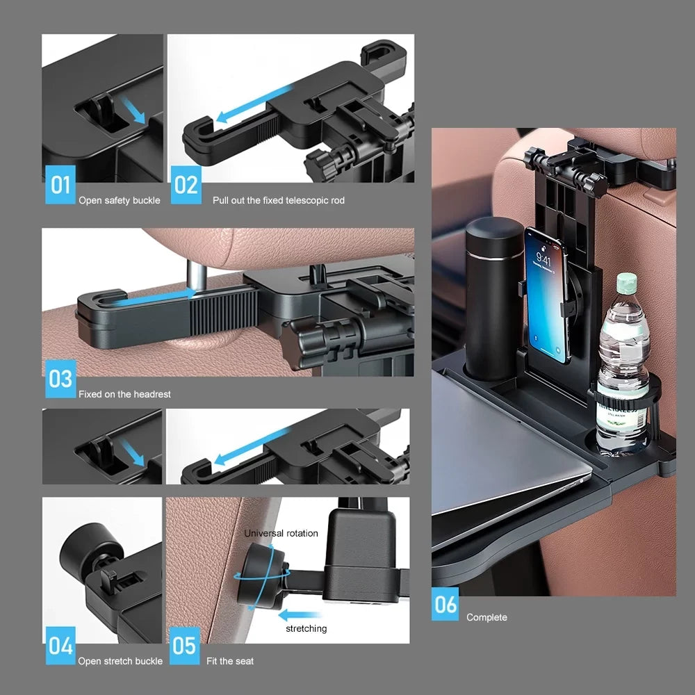 Carevas Adjustable Car Seat Travel Table Multifunctional Foldable Car Back Seat Food Tray, Car Table with Phone Holder Working, Writing, Eating Black