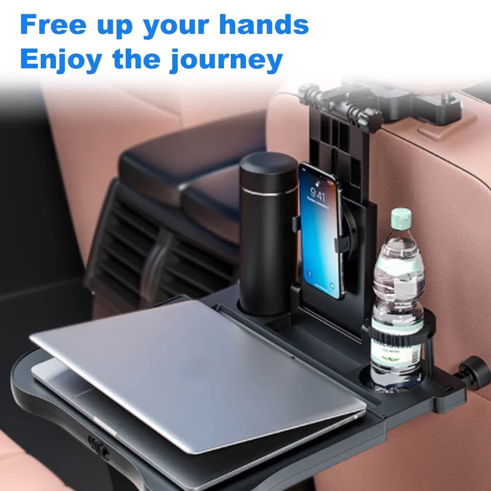 Carevas Adjustable Car Seat Travel Table Multifunctional Foldable Car Back Seat Food Tray, Car Table with Phone Holder Working, Writing, Eating Black