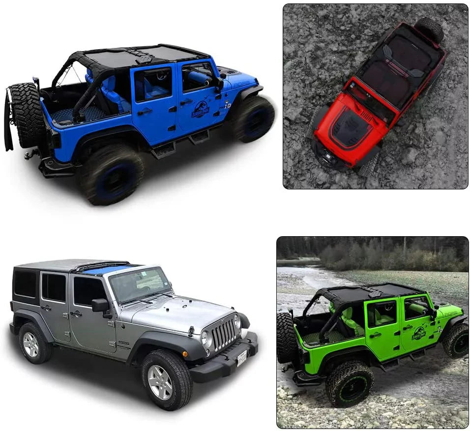 Shadeidea Jeep Wrangler Sunshade JKU Top Sun Shade JK Unlimited (2007-2018) 4-Door Front & Rear-Gray Mesh Screen Coating UV Blocker with Grab Bag-10 Years Warranty